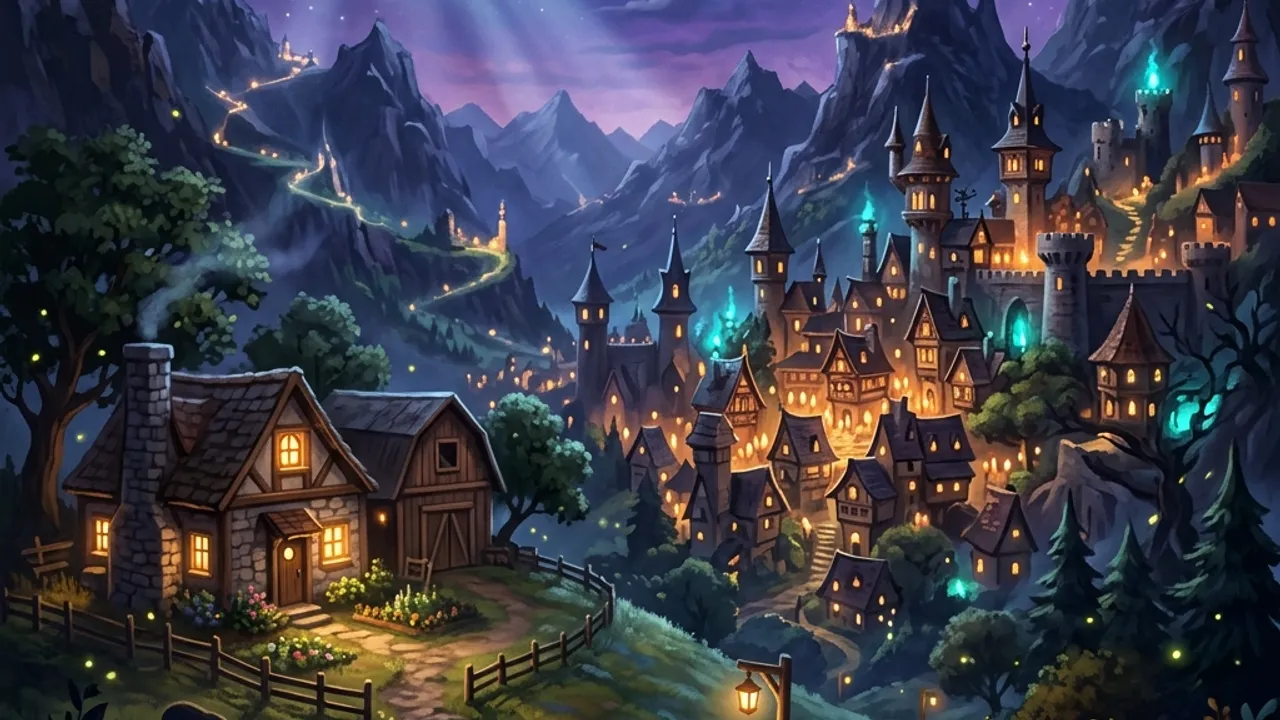 Moonlight Peaks bei Nacht mit leuchtendem Cottage und Garten unter einer Mondsichel.