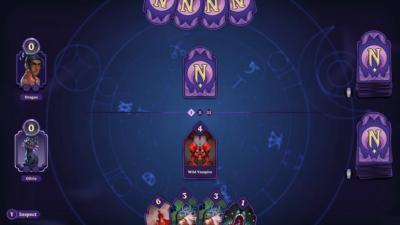 A Nokturna match in progress against a town resident, cards laid out on the board.