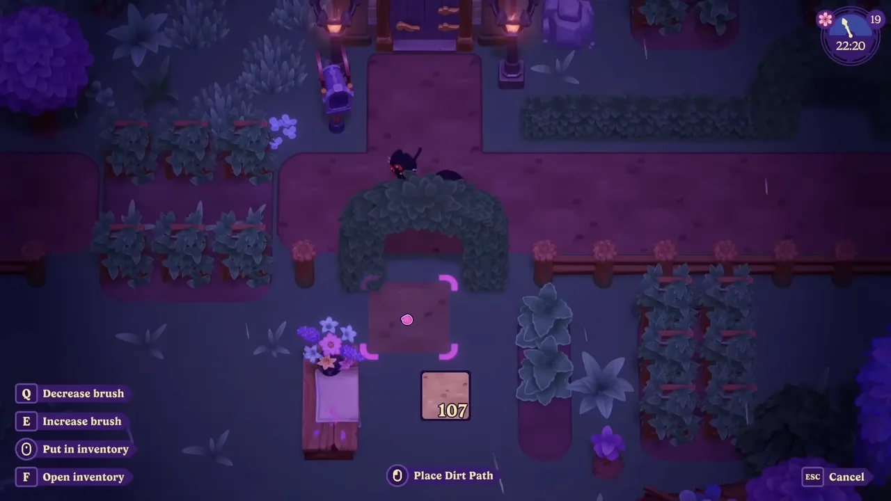 Placing a path in Moonlight Peaks' top-down decorate mode, with the brush-size controls shown on screen.