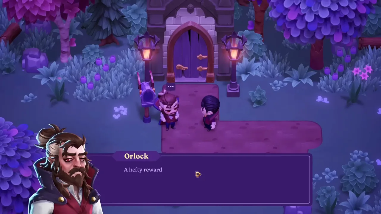 A Moonlight Peaks resident, Orlock, speaking to the player with an expressive hand-drawn character portrait in the dialogue box.
